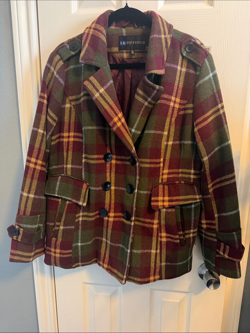 LB Diffusion Women's Plaid Pea Coat - Olive Green & Burgundy~Very Good Condition